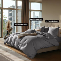 Ameha Plain Dyed Duvet Cover Complete Set With Matching Fitted Sheet & Pillowcase Microfiber King Grey - thumbnail 5