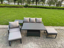 Fimous 6-Piece Aluminium Garden Furniture Sets 6 Seater Outdoor Dining Set With Adjustable Rising Lifting Dining Table Side Table - thumbnail 2