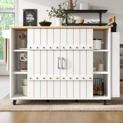 Btm Kitchen Trolley With Worktop And Wheels, Wood Grain Finish, Sliding Doors, Drawers And Spice Rack, White - image 1