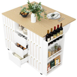 Btm Kitchen Trolley With Worktop And Wheels, Wood Grain Finish, Sliding Doors, Drawers And Spice Rack, White - thumbnail 9