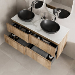 Aveli 1200mm Oak White Marble Vanity Unit Double Oval Basin Wall Hung Fluted Soft Close