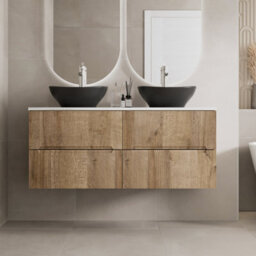 Affine 1200mm Oak White Marble Vanity Unit Double Oval Basin Wall Hung Fluted Soft Close - thumbnail 2