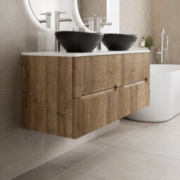 Affine 1200mm Oak White Marble Vanity Unit Double Oval Basin Wall Hung Fluted Soft Close - thumbnail 3