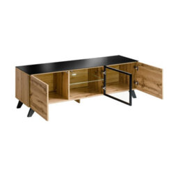 Arte Thin Tv Cabinet 150Cm - Oak Wotan & Black With Led Glass Shelves For Warm, Modern Living - thumbnail 2