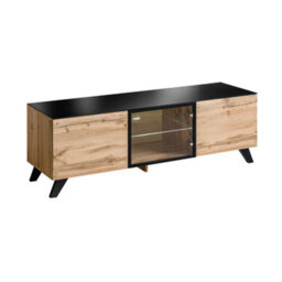 Arte Thin Tv Cabinet 150Cm - Oak Wotan & Black With Led Glass Shelves For Warm, Modern Living