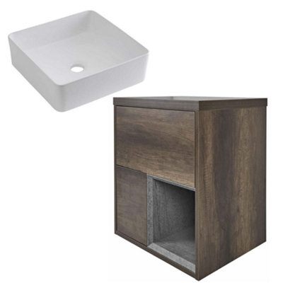 Homestylestore 600mm Dark Oak Led Lit Wall Hung Bathroom Vanity Unit With Square Countertop Basin - image 1