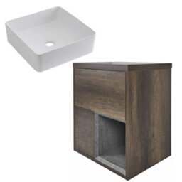 Homestylestore 600mm Dark Oak Led Lit Wall Hung Bathroom Vanity Unit With Square Countertop Basin - thumbnail 1