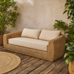 Wyld Haus Sardinia 2-Seater Natural Rattan Outdoor Sofa With Cream Cushions - thumbnail 1