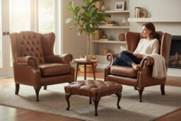 Chesterfield 2 X Wing Chairs + Footstool Old English Tan Leather In Mallory Style - thumbnail 2