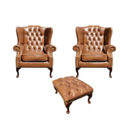 Chesterfield 2 X Wing Chairs + Footstool Old English Tan Leather In Mallory Style - thumbnail 1