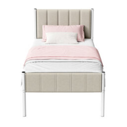 Ledrem Metal Platform Bed, Upholstered Headboard Single Bed Frame, Easy Assembly For Bedroom, 90 X 190 Cm, Beige - thumbnail 3