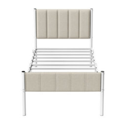 Ledrem Metal Platform Bed, Upholstered Headboard Single Bed Frame, Easy Assembly For Bedroom, 90 X 190 Cm, Beige - thumbnail 2