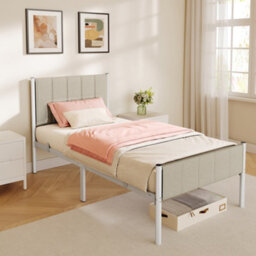 Ledrem Metal Platform Bed, Upholstered Headboard Single Bed Frame, Easy Assembly For Bedroom, 90 X 190 Cm, Beige - thumbnail 5