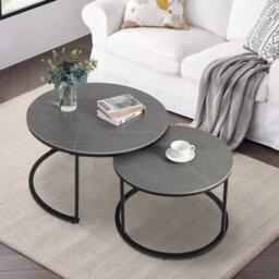 2X Luxury Round Nesting Coffee Table Thicken Metal Marble Stacking Accent Table - thumbnail 3