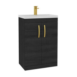 Royal Bathrooms Turin Hale Black 600mm Floor Standing Vanity Unit 2 Door With Mid-Edge Basin Sink & Brushed Brass Handles - thumbnail 6