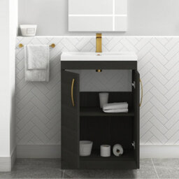 Royal Bathrooms Turin Hale Black 600mm Floor Standing Vanity Unit 2 Door With Mid-Edge Basin Sink & Brushed Brass Handles - thumbnail 3