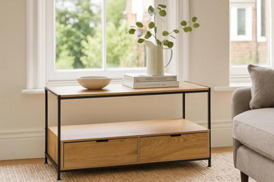 Celino Coffee Table With Storage 2 Drawer Oak Effect Living Room Furniture Home Decor - image 1