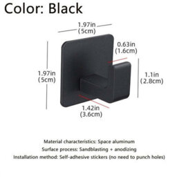 Square Towel Hook, Metal Wall-Mounted Over-The-Door Hook, No Drilling Required, Pack Of 2, Black - thumbnail 3