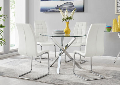 Furniturebox Selina Chrome Round Square Leg Glass Dining Table And 4 White Murano Chairs Set - image 1