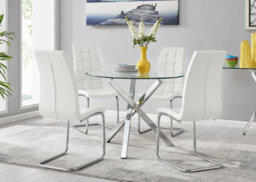Furniturebox Selina Chrome Round Square Leg Glass Dining Table And 4 White Murano Chairs Set - thumbnail 1