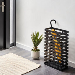 Wyld And Coco Tall Black Powder-Coated Iron Umbrella Stand With Integrated Water Tray, Slim Hallway Organizer - thumbnail 2
