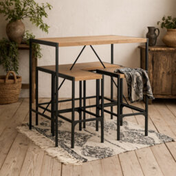 Wyld Haus Barbados 4-Seater Natural Oak Effect Bar Table Set With Bench & 2 Stools, Black Steel Frame