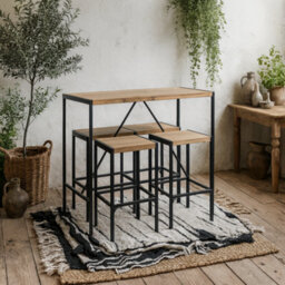 Wyld Haus Barbados 4-Seater Natural Oak Effect Bar Table Set With Bench & 2 Stools, Black Steel Frame - thumbnail 2