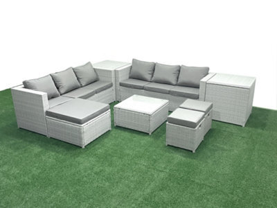 Fimous Rattan Garden Outdoor Furniture Set 9 Seater Rattan Garden Sofa Set 3 Stools 2 Side Tables Light Grey - image 1
