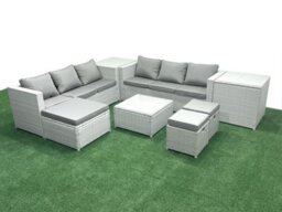 Fimous Rattan Garden Outdoor Furniture Set 9 Seater Rattan Garden Sofa Set 3 Stools 2 Side Tables Light Grey - thumbnail 2