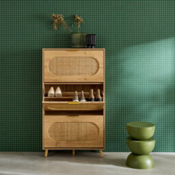 Sweeek - Shoe Cabinet Wood And Cane Decor 3 Drawers Natural 75X26X131 Cm - Eva - thumbnail 4