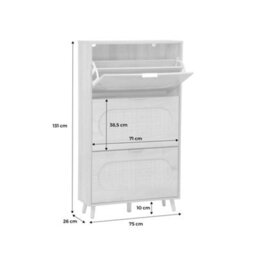 Sweeek - Shoe Cabinet Wood And Cane Decor 3 Drawers Natural 75X26X131 Cm - Eva - thumbnail 6