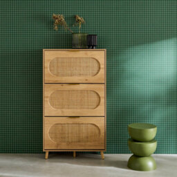 Sweeek - Shoe Cabinet Wood And Cane Decor 3 Drawers Natural 75X26X131 Cm - Eva - thumbnail 3