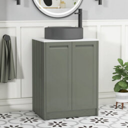 Royal Bathrooms Royal Bathroom Elmore 600mm Matt Green Freestanding Bathroom Vanity Unit 2 Door Plain White Worktop With Art Round Basin - thumbnail 1