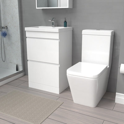 Nes Home 500mm 2 Drawers White Basin Vanity Unit & Close Coupled Toilet - image 1