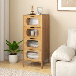 4-Drawer Dresser Bamboo Storage Cabinet With Fluted Tempered Glass Drawers - thumbnail 6