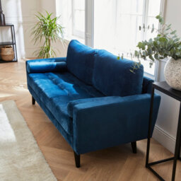Sweeek. Velvet Vintage Style 3-Seater Sofa With Scandi Style Wooden Legs - Ivar - Blue - thumbnail 2