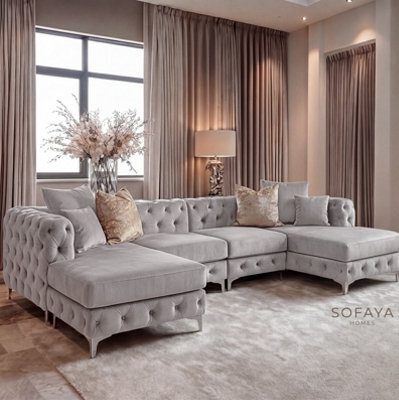 Monaco 4 Seater Chesterfield Chaise Sofa Light Grey Velvet U Shaped - Deep Buttoned Cushions Upholstery Couch Lounge - image 1