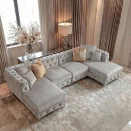 Monaco 4 Seater Chesterfield Chaise Sofa Light Grey Velvet U Shaped - Deep Buttoned Cushions Upholstery Couch Lounge - thumbnail 5