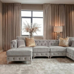 Monaco 4 Seater Chesterfield Chaise Sofa Light Grey Velvet U Shaped - Deep Buttoned Cushions Upholstery Couch Lounge - thumbnail 2