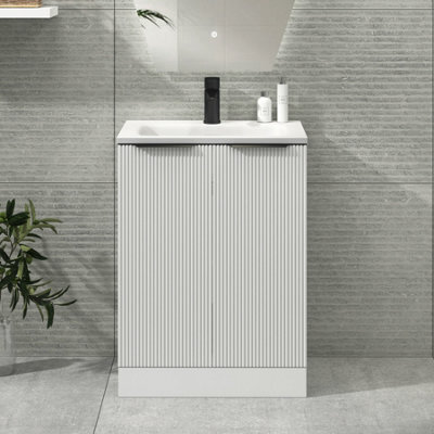 Royal Bathrooms Evora 600mm Matt White Fluted Floor Standing Bathroom Vanity Unit 2 Door Cabinet Storage With Stone Basin & Matt Black Handles - image 1