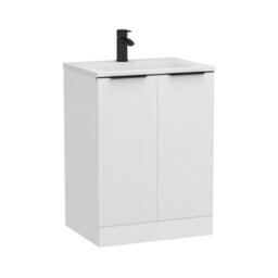 Royal Bathrooms Evora 600mm Matt White Fluted Floor Standing Bathroom Vanity Unit 2 Door Cabinet Storage With Stone Basin & Matt Black Handles - thumbnail 6