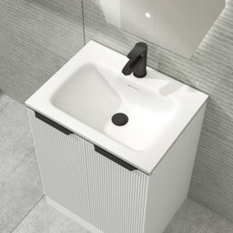 Royal Bathrooms Evora 600mm Matt White Fluted Floor Standing Bathroom Vanity Unit 2 Door Cabinet Storage With Stone Basin & Matt Black Handles - thumbnail 5