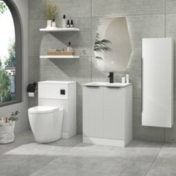 Royal Bathrooms Evora 600mm Matt White Fluted Floor Standing Bathroom Vanity Unit 2 Door Cabinet Storage With Stone Basin & Matt Black Handles - thumbnail 2