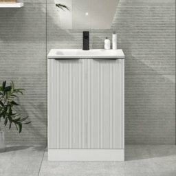 Royal Bathrooms Evora 600mm Matt White Fluted Floor Standing Bathroom Vanity Unit 2 Door Cabinet Storage With Stone Basin & Matt Black Handles