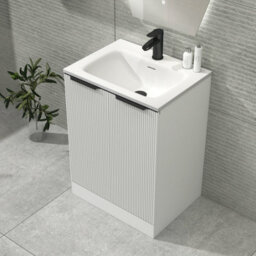 Royal Bathrooms Evora 600mm Matt White Fluted Floor Standing Bathroom Vanity Unit 2 Door Cabinet Storage With Stone Basin & Matt Black Handles - thumbnail 4