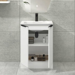 Royal Bathrooms Evora 600mm Matt White Fluted Floor Standing Bathroom Vanity Unit 2 Door Cabinet Storage With Stone Basin & Matt Black Handles - thumbnail 3