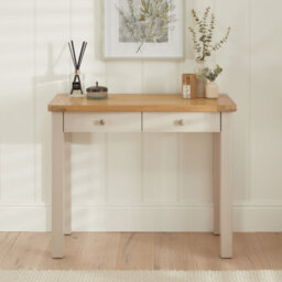 The Furniture Market Marbury Putty Grey Painted Two Drawer Dressing Table Desk Solid Wood Desk Whitewashed Oak Top Bedroom Vanity Or Home Office - thumbnail 2