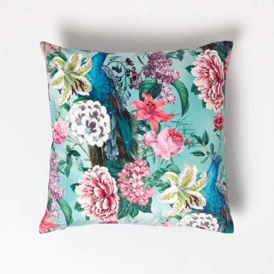Homescapes Floral Peacock Pink & Green Filled Velvet Cushion 46 X 46 Cm - image 1