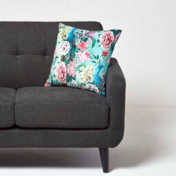 Homescapes Floral Peacock Pink & Green Filled Velvet Cushion 46 X 46 Cm - thumbnail 2