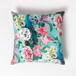 Homescapes Floral Peacock Pink & Green Filled Velvet Cushion 46 X 46 Cm